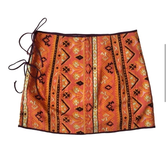Free People Cleo Wrap Mini Skirt Rust Combo Ties Western Boho Orange Size 6 - Picture 6 of 8